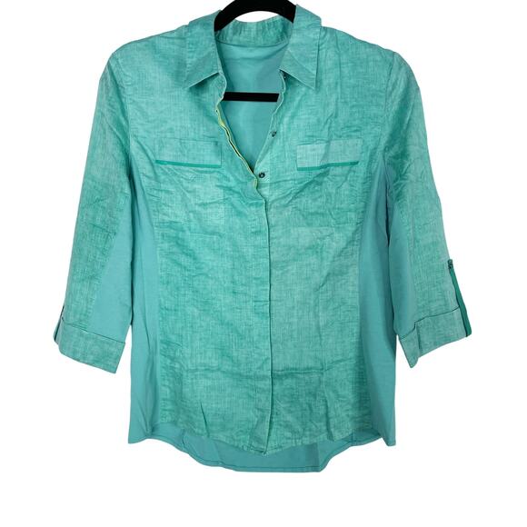 Teal Woven 3/4 Sleeve Button Front Shirt Small S Athletic Activewear Hiking - Picture 1 of 8